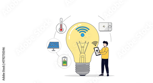 Smart home automation concept with a man controlling connected devices. Flat Vector Illustrations. EPS Editable
