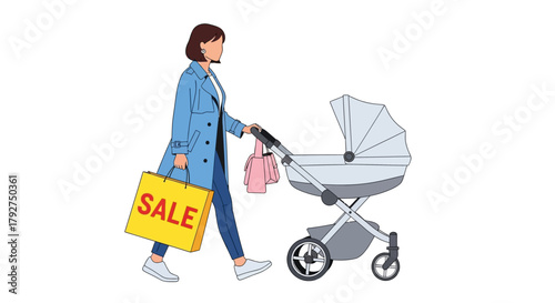 Stylish young mother with a baby stroller and shopping bags after a sale. Flat Vector Illustrations. EPS Editable