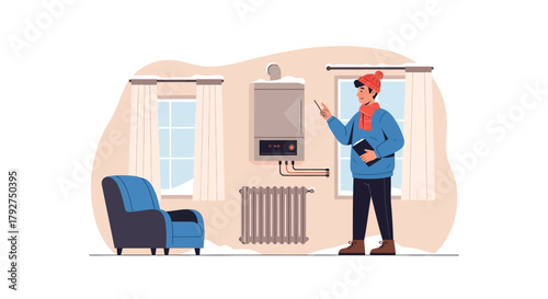 Technician inspecting a home heating system boiler and radiator. Flat Vector Illustrations. EPS Editable