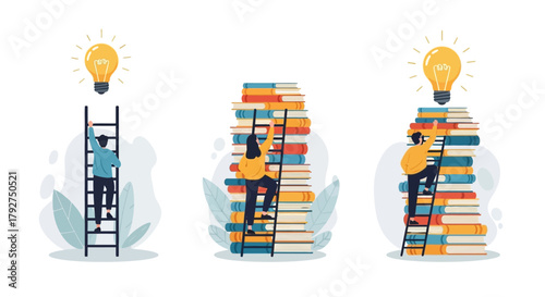 Vector illustration set of people climbing ladders and book stacks to reach a lightbulb idea. Flat Vector Illustrations. EPS Editable