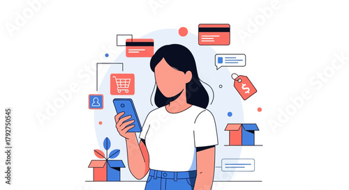 Vector illustration of a woman using a smartphone for online shopping with ecommerce icons like credit cards and delivery boxes. Flat Vector Illustrations. EPS Editable