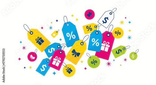 Vibrant collection of colorful sale tags with discount percentage and gift icons for shopping promotions. Flat Vector Illustrations. EPS Editable