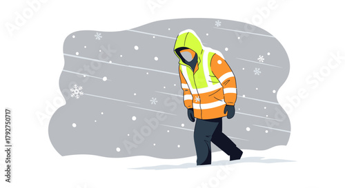 Worker in high visibility safety jacket walking through a heavy snowstorm. Flat Vector Illustrations. EPS Editable