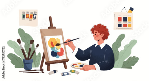 Young artist with red hair painting a colorful portrait on an easel in a creative studio. Flat Vector Illustrations. EPS Editable