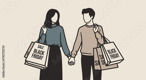 Young couple holding hands and carrying shopping bags during a Black Friday sale. Flat Vector Illustrations. EPS Editable