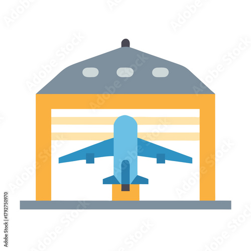 Blue airplane inside an airport hangar icon illustration