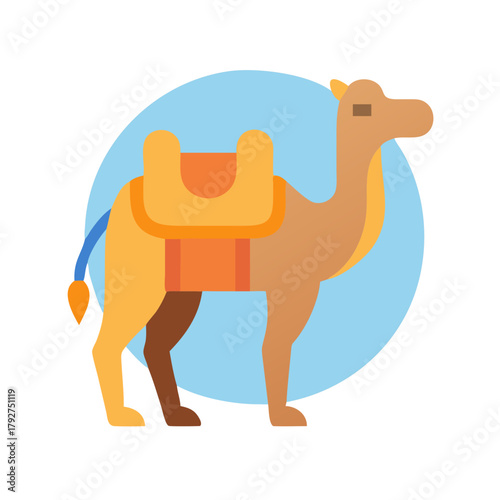 Flat vector camel illustration with saddle and blue background