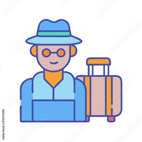 Flat design tourist with luggage on black background illustration