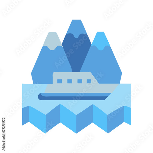 Stylized boat in arctic landscape with mountains and ice