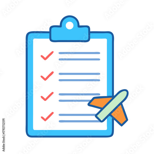 Travel checklist clipboard with airplane, vector icon illustration