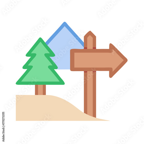 Flat vector destination pointer near mountains and forest tree