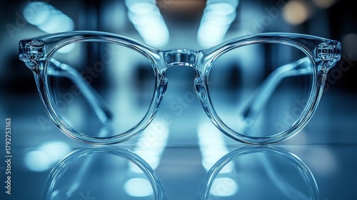 Clear framed eyeglasses reflecting blue light on a shiny surface.