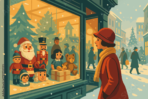 Retro coat passerby text storefront christmas labels interior green bubbles vector no