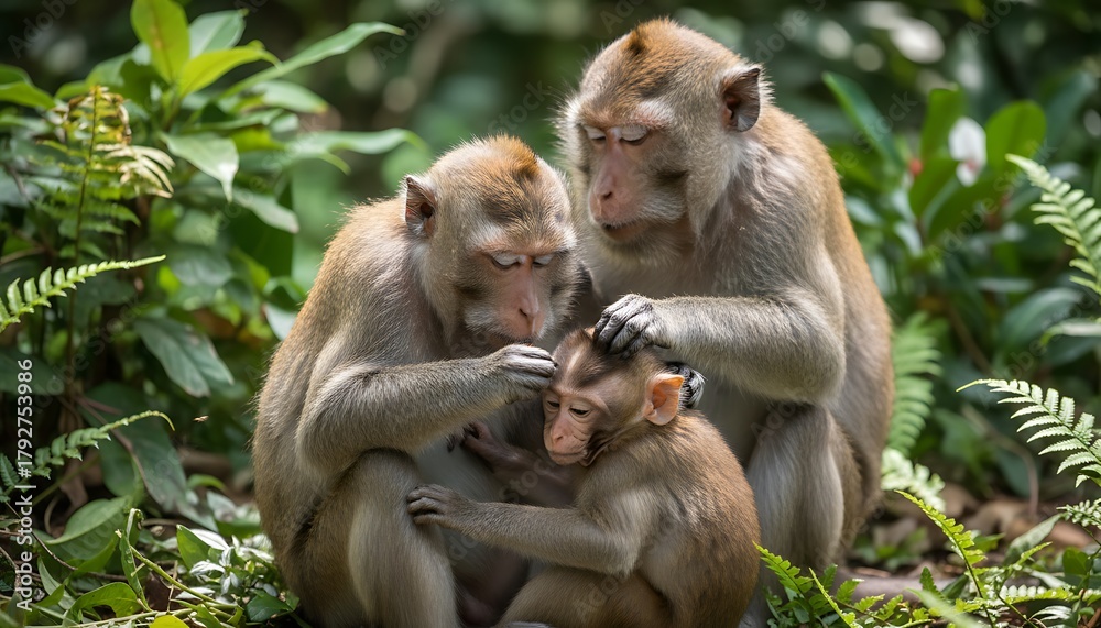 Fototapeta premium Close-up of a monkey family grooming each other in a lush jungle setting