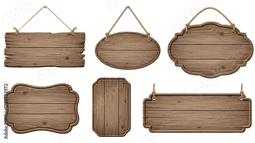 Vector illustration of collection of six rustic wooden signs hanging by rope on a transparent background