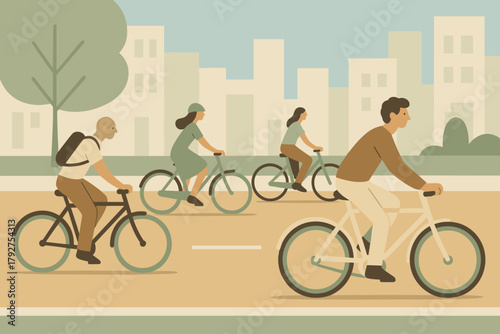 Icon geometric cityscape flat cyclists captions no lanes sage minimalist city vector