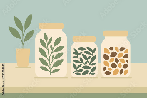 Flat vector no minimalist icon cohesive green typography numbers dried jars blue