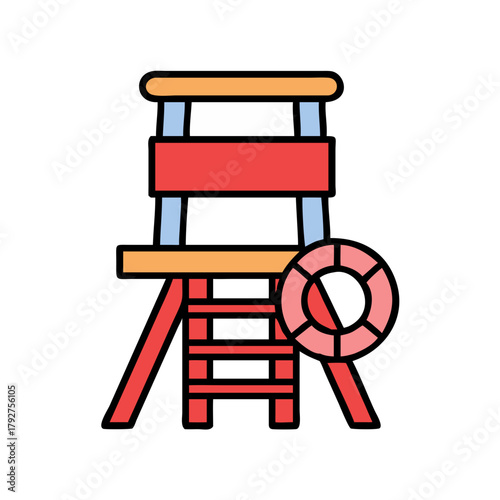 Lifeguard chair and lifebuoy flat design on black background