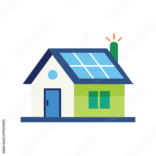 Cartoon illustration of a house with solar panels on the roof and a glowing chimney
