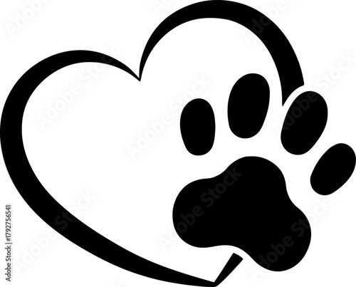 pet paw print inside heart silhouette vector illustration
