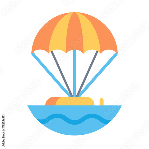 Cartoon parachute and raft icon in blue ocean waves