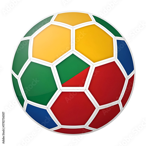 A colorful soccer ball with red, green, yellow, and blue panels outlined in white on a white background