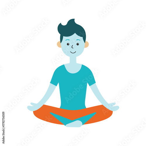 Cartoon illustration of a young man meditating in a lotus position with a calm expression