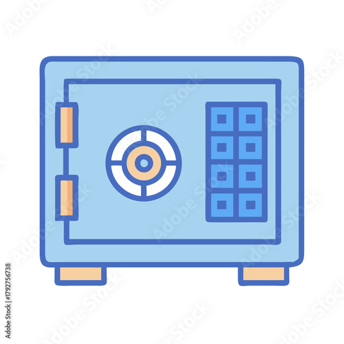 Blue safe box icon with combination lock illustration