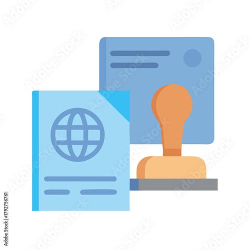 Passport and stamp: vector graphic representing travel documentation process