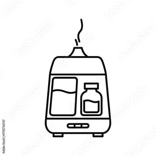 Aroma diffuser with water and essential oil bottle, emitting steam