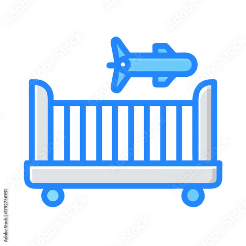 Baby cot with plane toy icon for nursery design