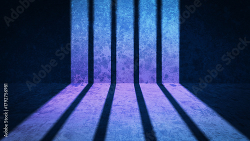 Canvas Print Cinematic dark background with dramatic vertical light rays on a grunge textured