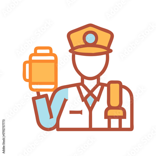 Cartoon security guard holding coffee against black background