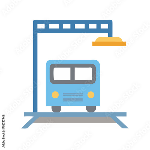 Cute retro style train station with blue train