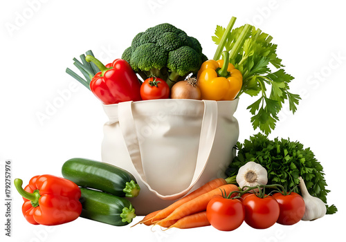 Fresh healthy vegetables spilling out of a reusable shopping bag isolated on transparent background