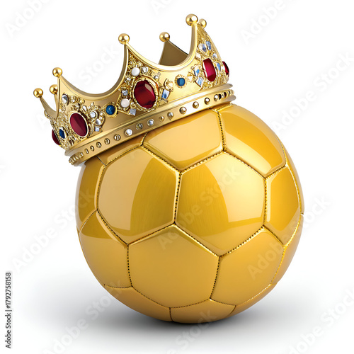 A golden soccer ball wearing a jeweled golden crown sits on a white surface in a studio shot
