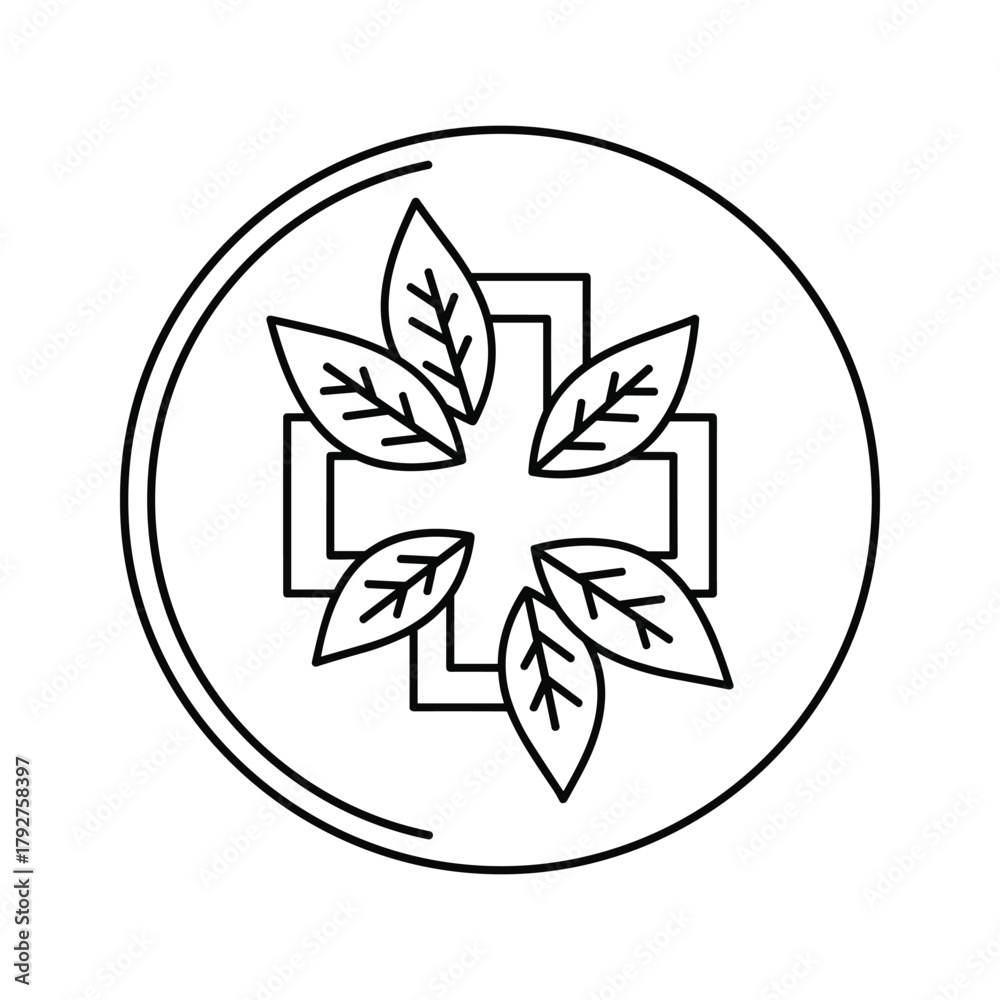 Fototapeta premium Medical cross with leaves inside a circle