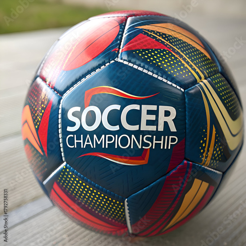 A close up of a soccer championship ball with red and gold accents on a wooden surface outdoors