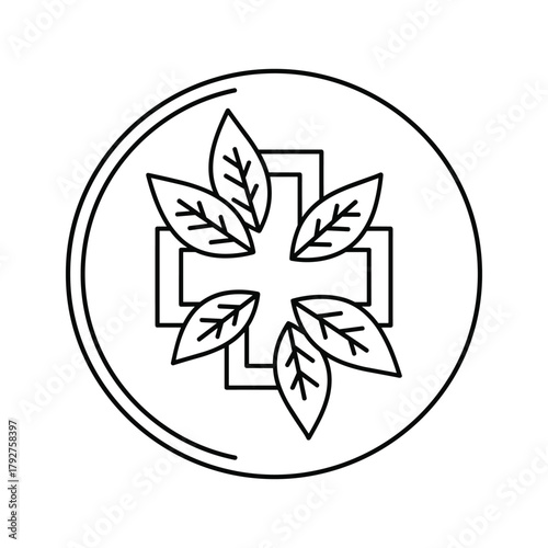 Medical cross with leaves inside a circle