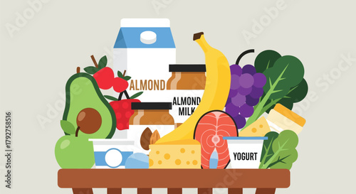 A healthy assortment of food items including fruits, vegetables, dairy, and fish, arranged in a basket