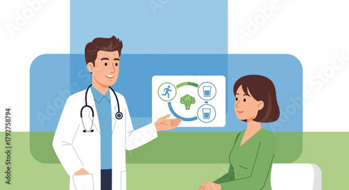 Doctor consulting with a patient about healthy lifestyle choices, including diet and exercise, presented on a screen