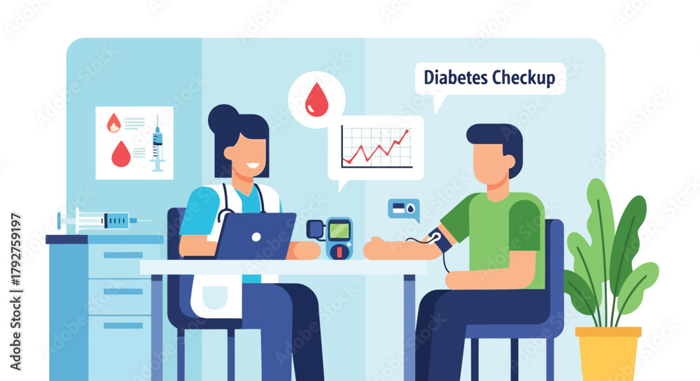 Fototapeta premium Doctor performing diabetes checkup on a patient, measuring blood pressure and reviewing chart, medical consultation