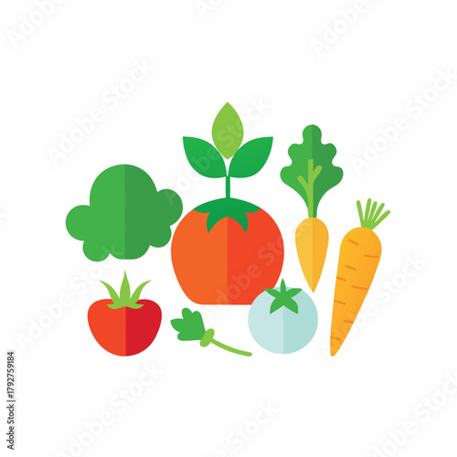 Flat design illustration of various fresh vegetables including tomatoes, carrots, and broccoli