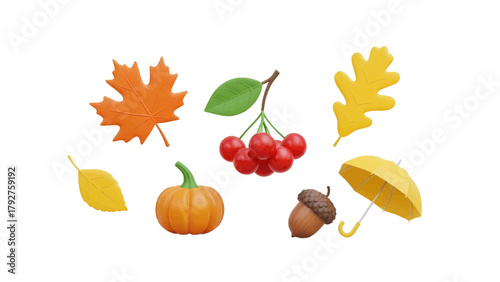 Vector illustration of autumnal elements including a pumpkin, acorn, berries, and colorful leaves on a transparent background