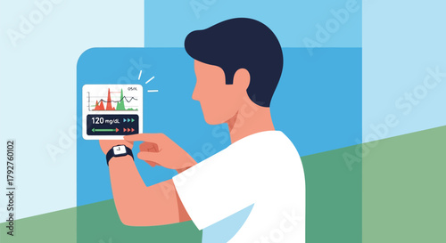 Man checking health data on smartwatch with graphs and numbers, representing health monitoring and technology