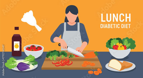 Woman preparing a diabetic diet lunch with fresh vegetables and bread