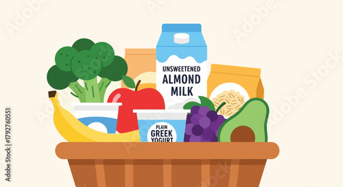 A basket overflowing with fresh fruits, vegetables, and dairy products, representing a healthy diet and grocery shopping