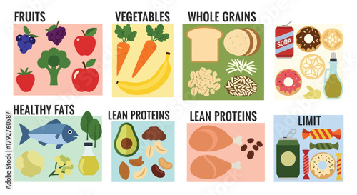A visual guide categorizing food groups into fruits, vegetables, whole grains, healthy fats, lean proteins, and items to limit