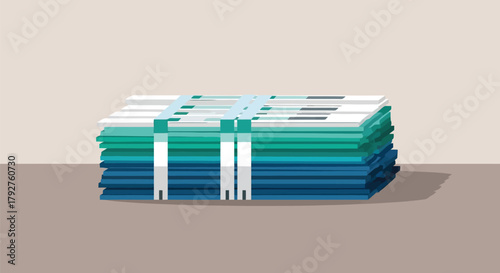 Stack of documents or papers bound together with blue and green straps, representing information, records, or reports