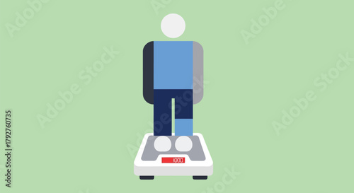 Abstract figure standing on a weighing scale, symbolizing weight loss, body mass, and health monitoring